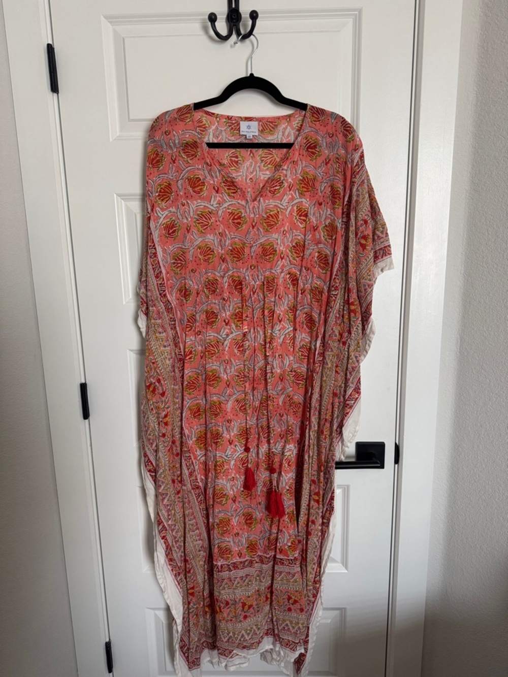 Designer Coral Floral Boho Tassel Kaftan